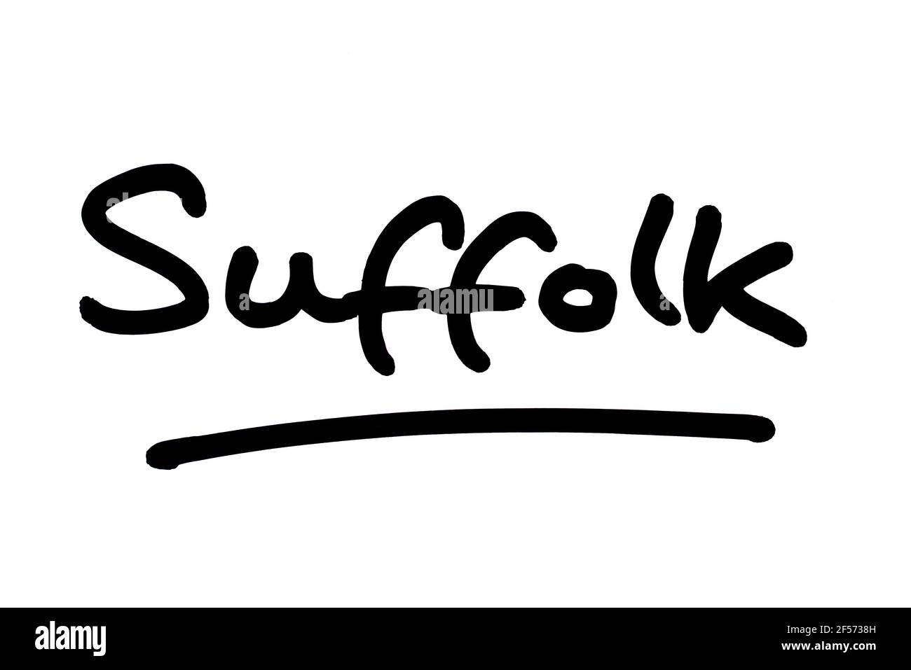 Suffolk, scritto a mano su sfondo bianco. Foto Stock