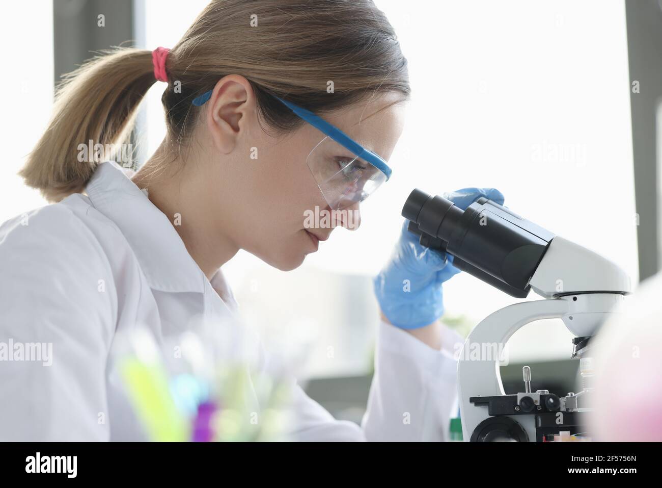 Donna scienziata con occhiali conduce la ricerca attraverso il microscopio Foto Stock
