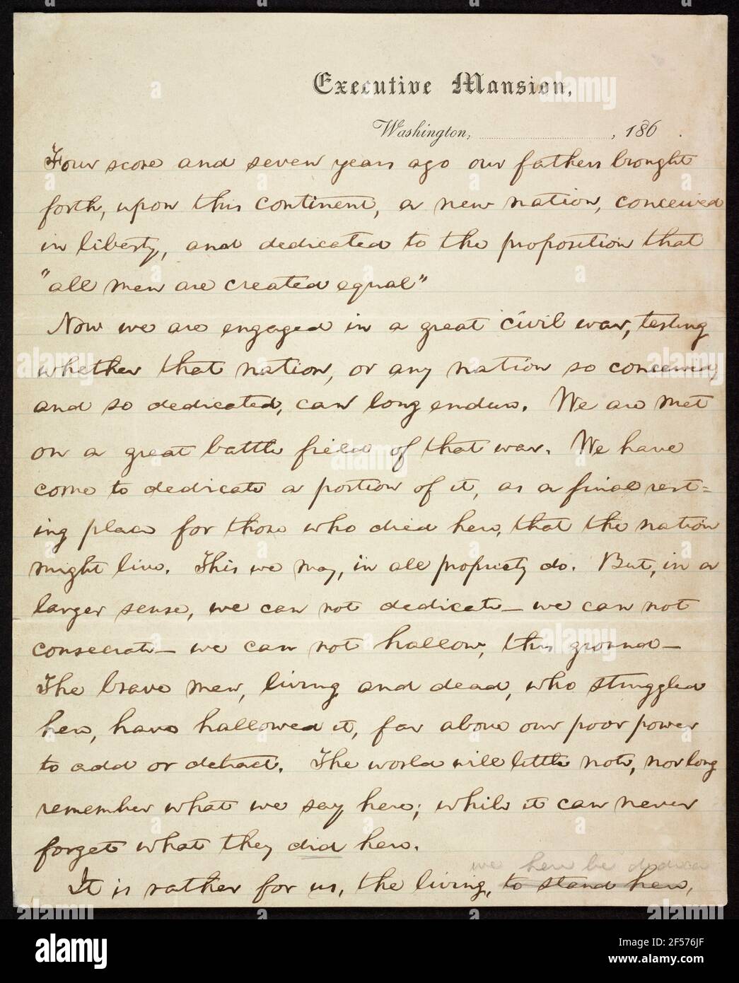 La copia originale di Nicolay dell'indirizzo di Gettysberg, scritta a mano da Abraham Lincoln Foto Stock
