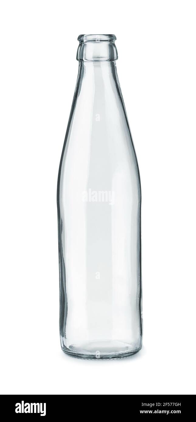 Vista frontale della bottiglia di vetro trasparente vuota isolata su bianco Foto Stock