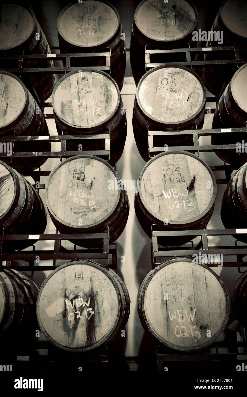 Invecchiamento della birra in botti di rovere in legno su scaffale in magazzino presso River Horse Brewing Co., 2 Graphics Drive, Ewing, NJ, USA Foto Stock