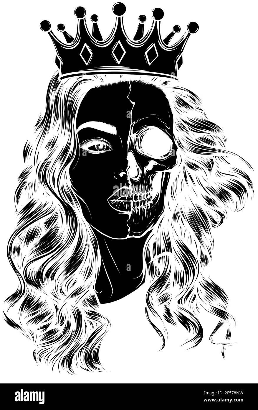 Silhouette nera di Skull faccia ragazza con una corona con capelli verdi Illustrazione Vettoriale