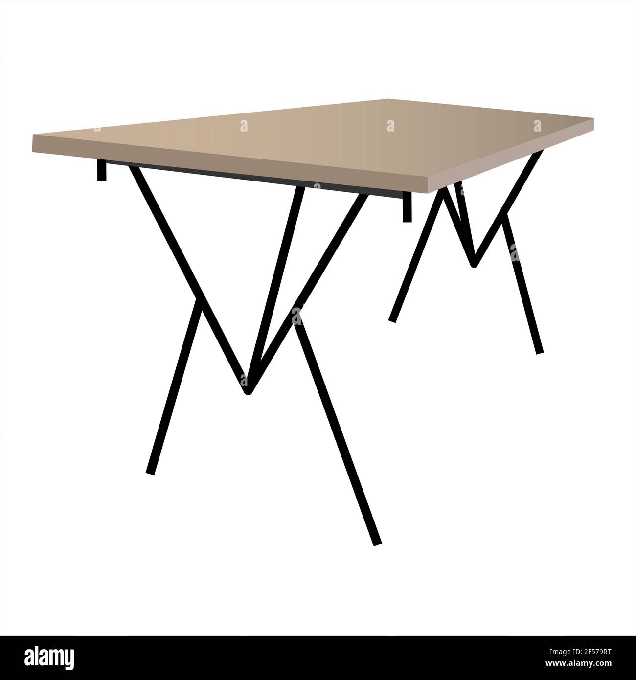 Tabella stile loft isolata su sfondo bianco. Un tavolo con una superficie in legno e una cornice in metallo nero. Vettore. Illustrazione Vettoriale