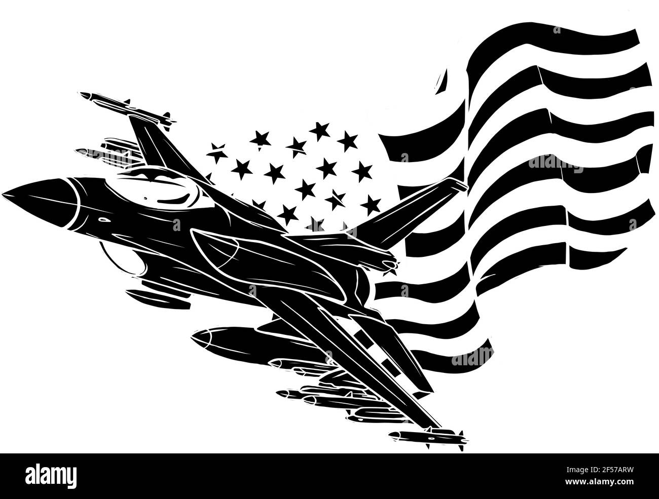 Silhouette nera di aerei da combattimento militari con bandiera americana. Illustrazione vettoriale Illustrazione Vettoriale