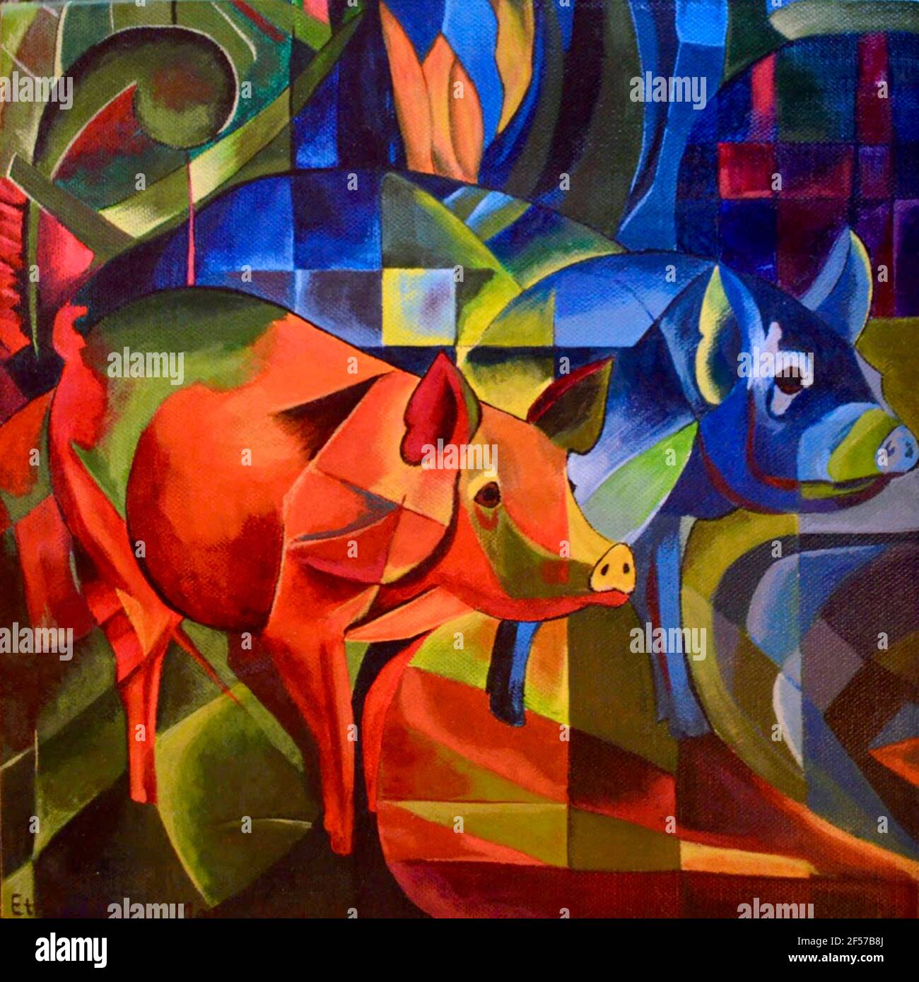 Franz Marc opera intitolata Pigs. Suini cubisti - uno rosso - uno blu - paesaggio vibrante. Foto Stock