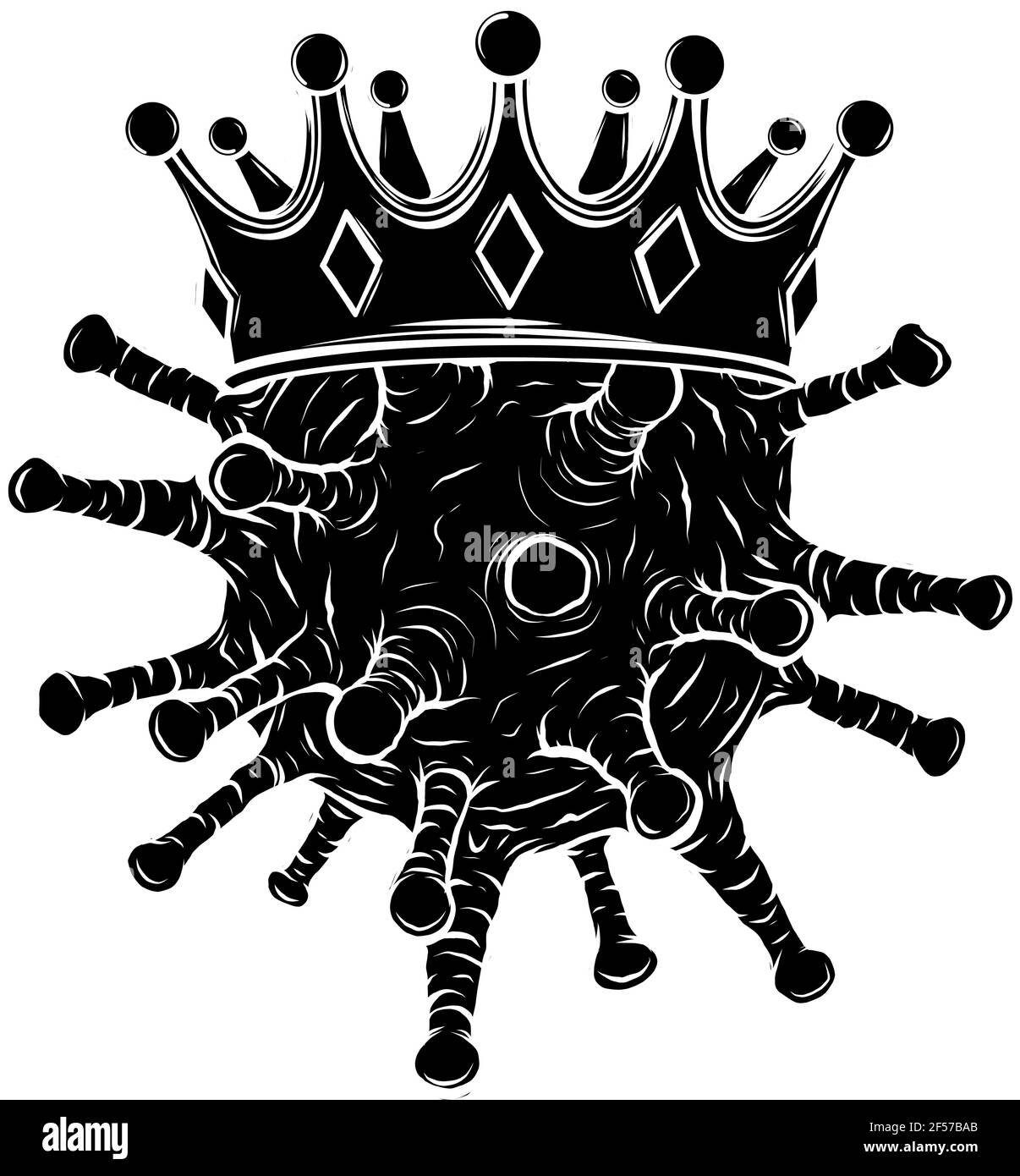 Silhouette nera di Coronavirus in stile cartoon con corona Illustrazione Vettoriale