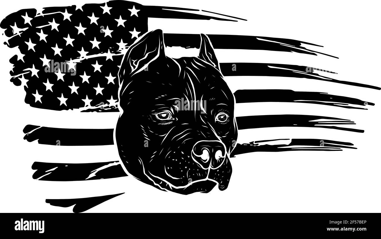 Sagoma nera del pitbull della testa con illustrazione vettoriale della bandiera americana Illustrazione Vettoriale