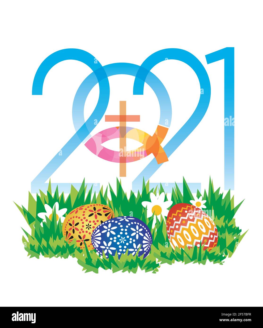 Buona Pasqua 2021 con pesce cristiano. Anno 2021 con Gesù simbolo di pesce e uova di pasqua su un prato.vettore disponibile. Illustrazione Vettoriale