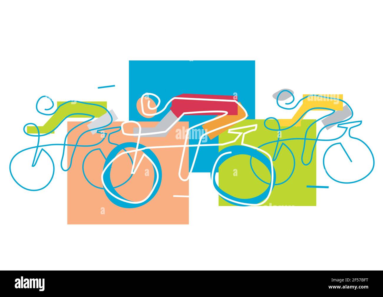 Gara ciclistica, linea d'arte stilizzata. Illustrazione espressiva con disegno a linea continua con tre motociclisti. Vettore disponibile. Illustrazione Vettoriale