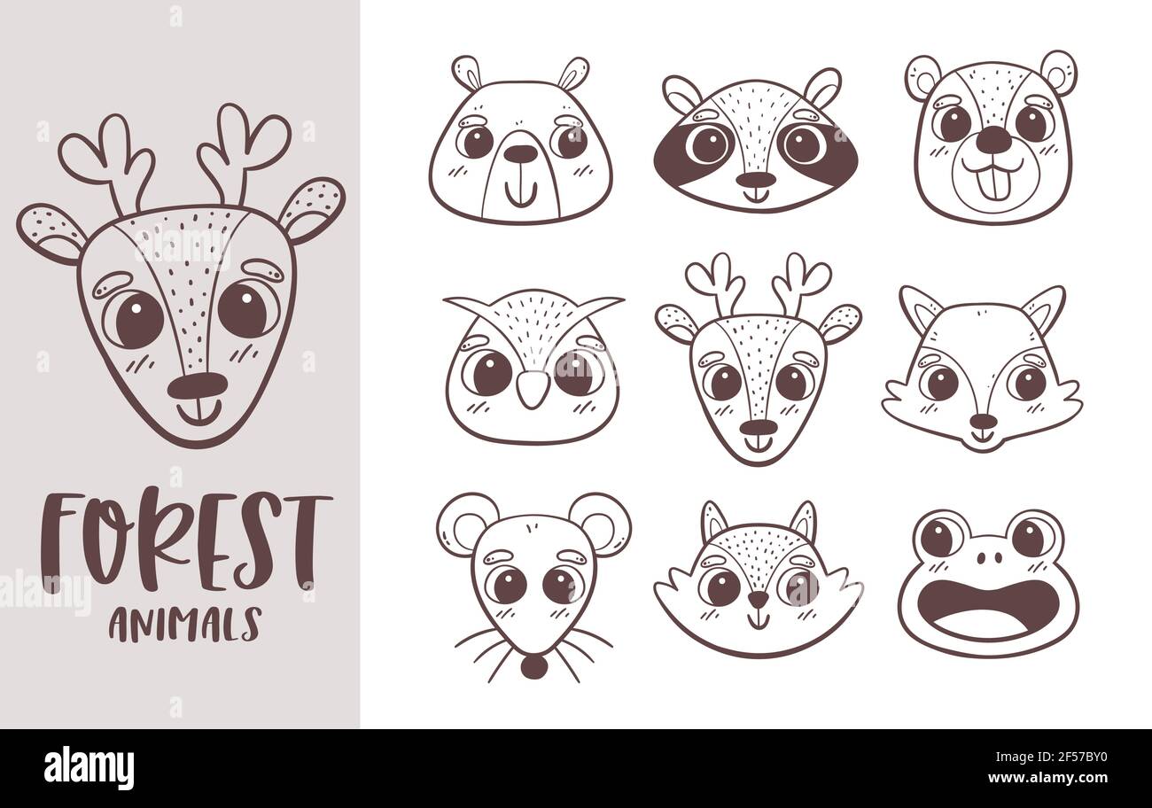 Collezione di doodle animali. Teste di animale di foresta disegnate a mano. Perfetto per colorare libri, disegni avatar e attività per bambini. Illustrazione vettoriale. Illustrazione Vettoriale