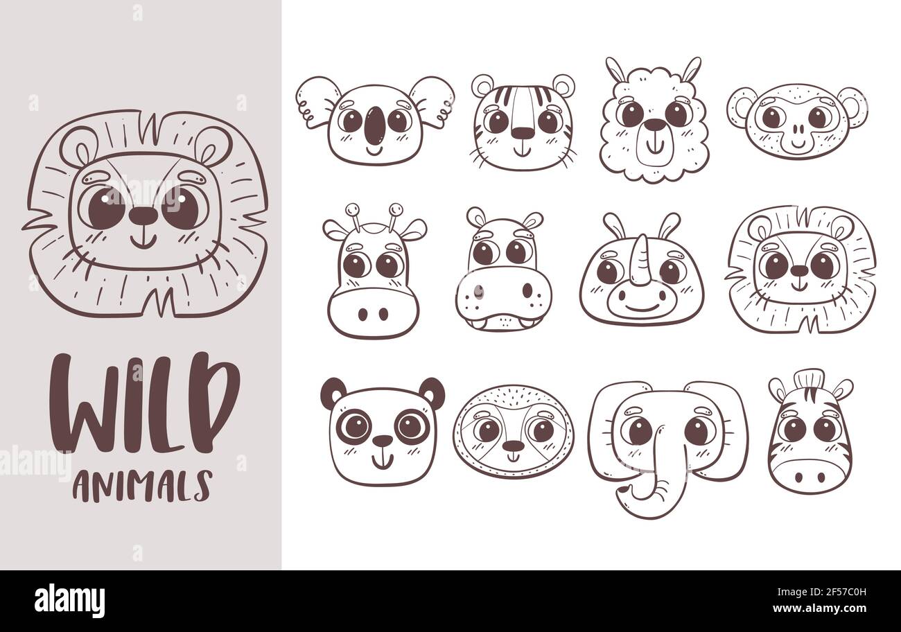 Collezione di doodle animali. Teste di animali selvatici disegnate a mano. Perfetto per colorare libri, disegni avatar e attività per bambini. Illustrazione vettoriale. Illustrazione Vettoriale