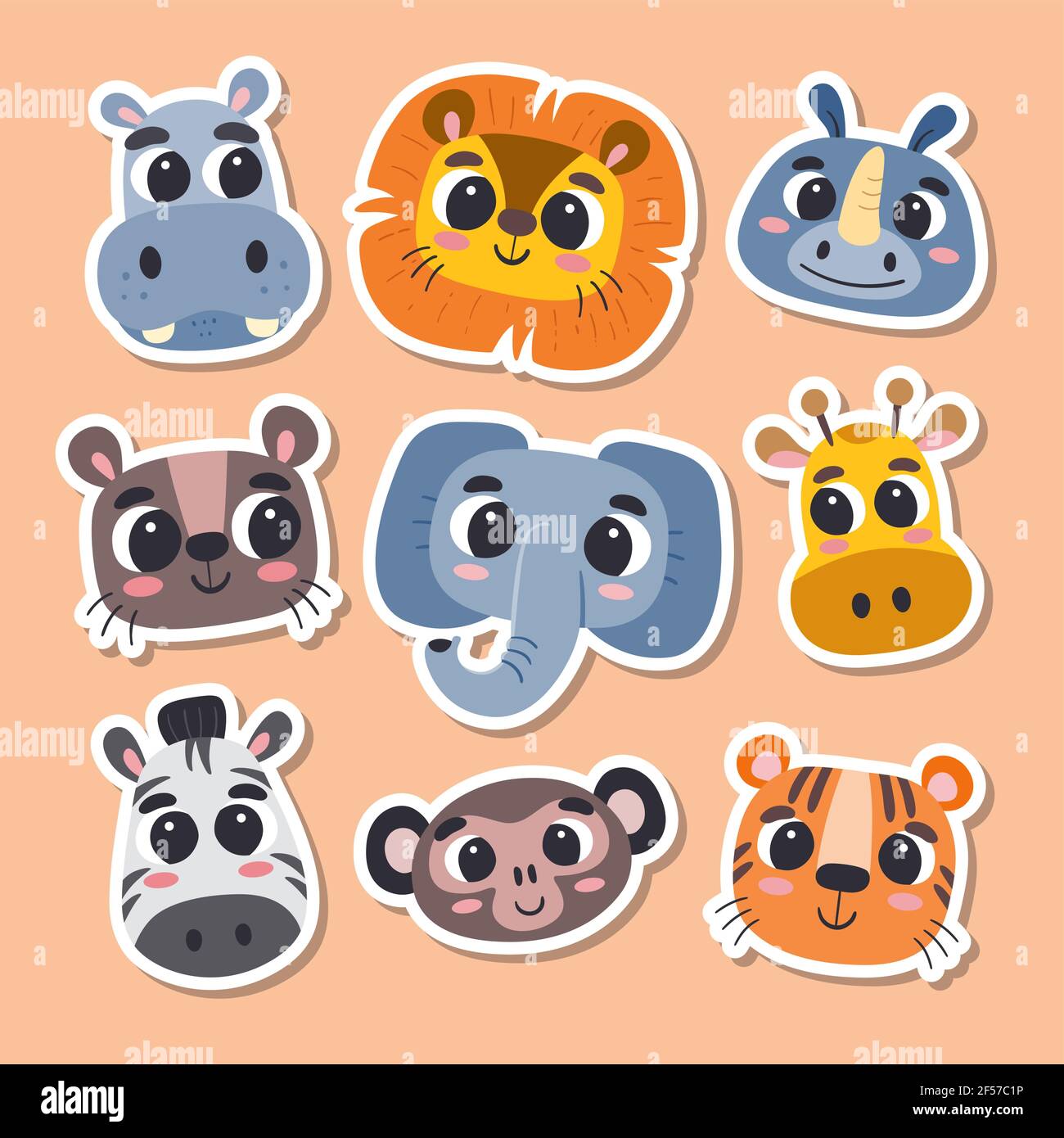 Adesivi animali in stile cartoon. Collezione di cute teste di animali selvatici. Illustrazione vettoriale. Illustrazione Vettoriale