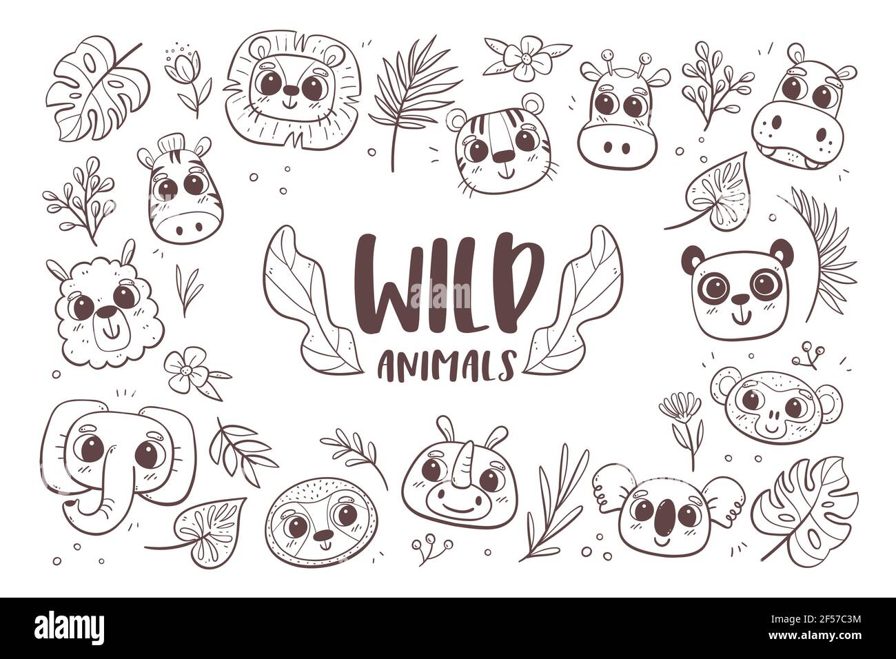 Animale doodle sfondo. Teste animali selvatiche con piante tropicali e foglie. Perfetto per colorare libri e attività per bambini. Illustrazione vettoriale. Illustrazione Vettoriale