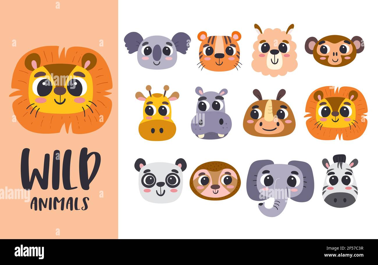 Cartoon Animal Heads Collection. Cute teste animali selvatiche. Perfetto per avatar, stampe e attività per bambini. Illustrazione vettoriale. Illustrazione Vettoriale