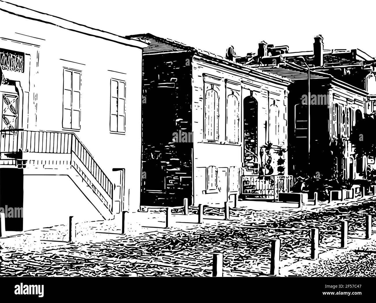 Vecchie case e l'ingresso del bazar in nuova Foca, Smirne. A causa delle foche galleggianti nel mare della città, l'insediamento è stato chiamato Phokaia. Illustrazione Vettoriale