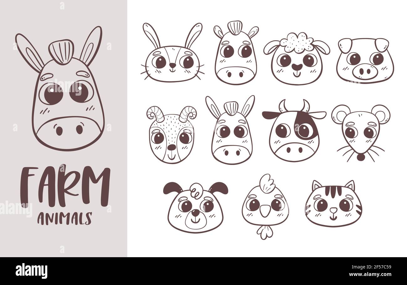 Collezione di doodle animali. Teste di animale di fattoria disegnate a mano. Perfetto per colorare libri, disegni avatar e attività per bambini. Illustrazione vettoriale. Illustrazione Vettoriale