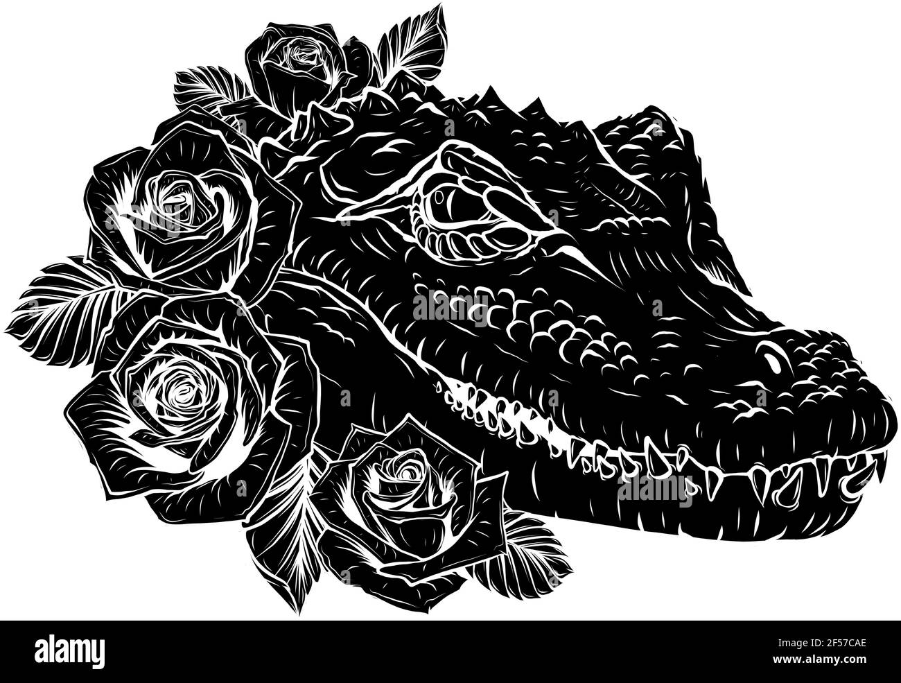 Profilo nero di Vector illustrazione della testa a coccodrillo con rose Illustrazione Vettoriale