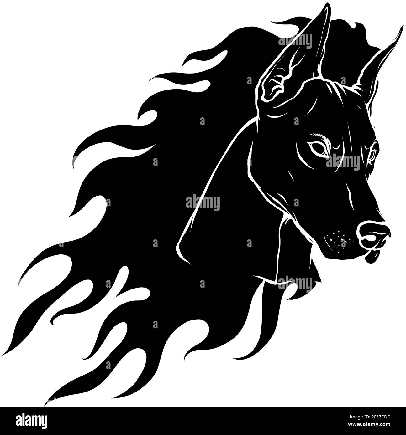 Sagoma nera del cane Dobermann testa con Flames vettore illustrazione Illustrazione Vettoriale