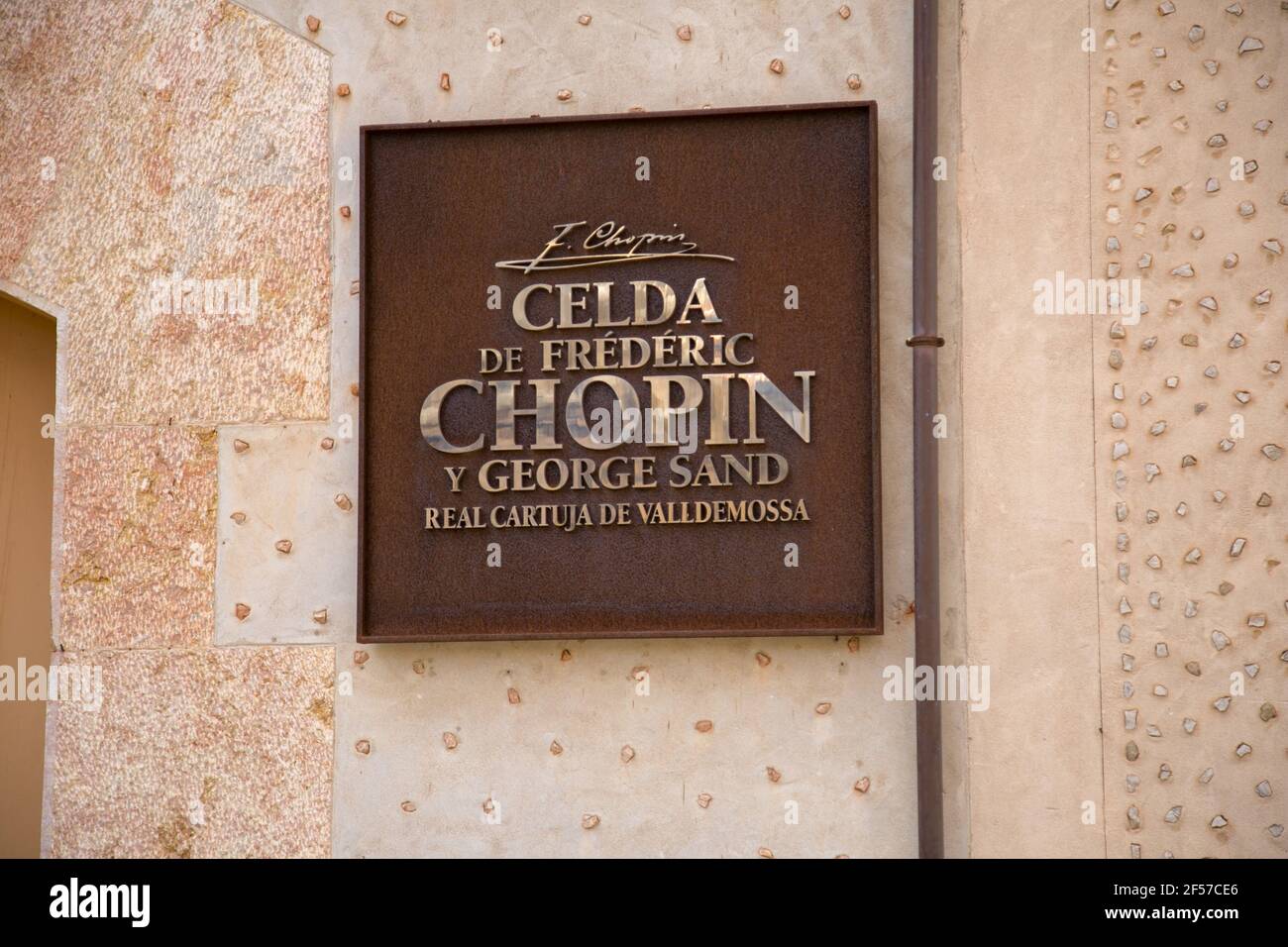 Piatto all'ingresso di Frederic Chopin e George Sand Museum a Valldemossa, Maiorca, Spagna Foto Stock