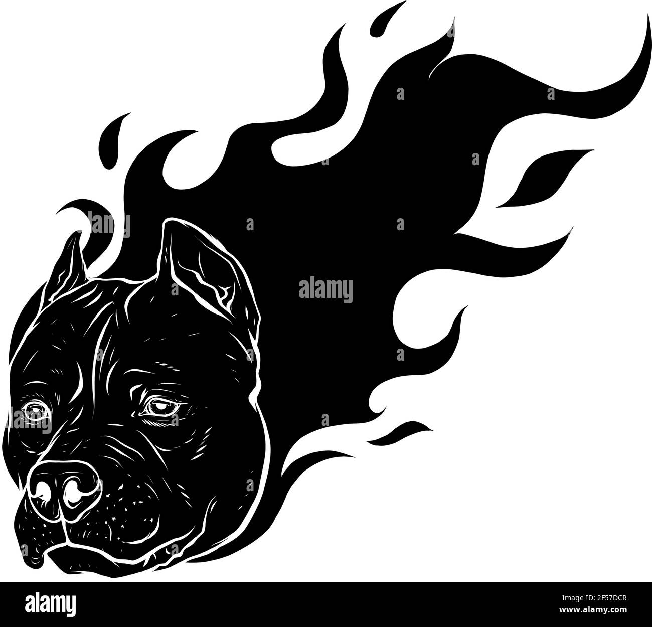 silhouette nera della testa del pitbull del cane con vettore di fiamme Illustrazione Vettoriale
