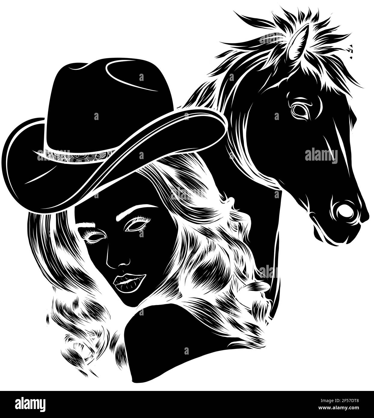 silhouette nera di ragazza vestita da cowboy con cavallo Illustrazione Vettoriale