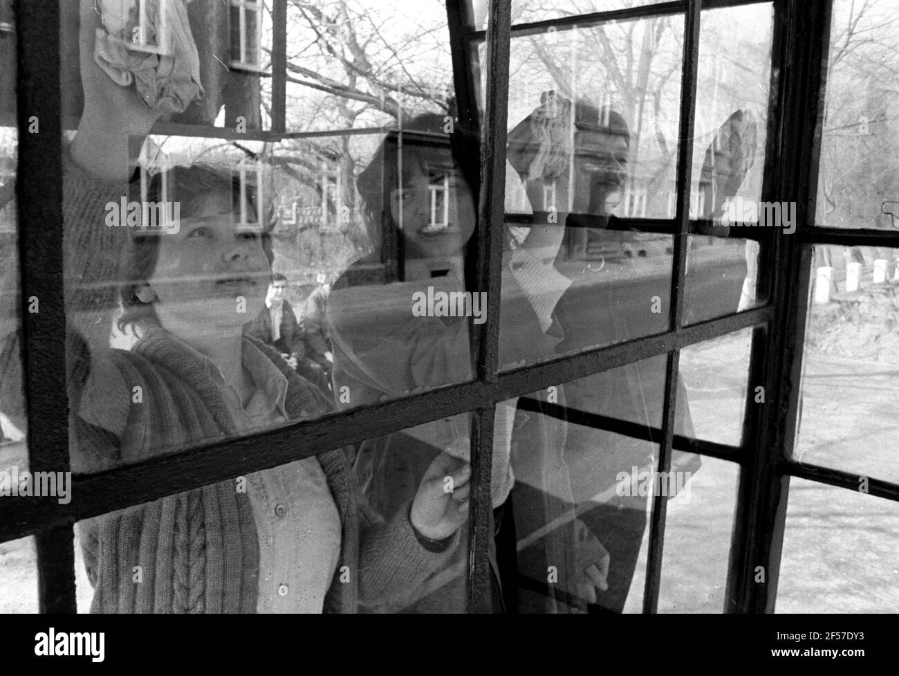15 febbraio 1982, Sassonia, Delitzsch: Gli allievi di una scuola secondaria politecnica (POS) aiutano a pulire le finestre a Delitzsch nella primavera 1982. La data esatta della foto non è nota. Foto: Volkmar Heinz/dpa-Zentralbild/ZB Foto Stock