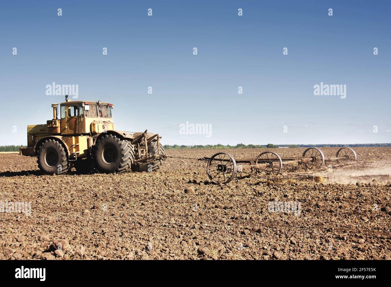 Trattore giallo grande dotato di erpice che lavora sul campo. Foto Stock