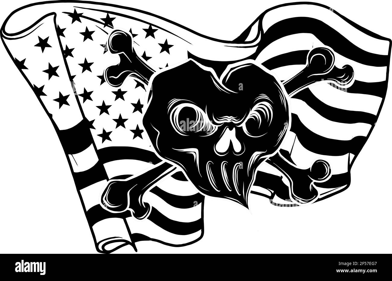 Silhouette nera di oro cranio e bandiera usa. Illustrazione vettoriale. Illustrazione Vettoriale