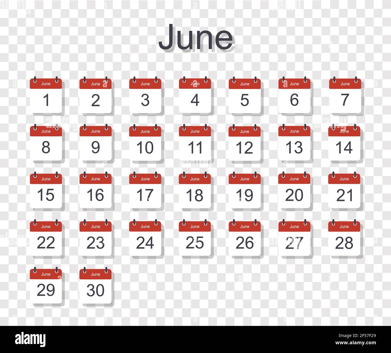Modello di calendario mensile per giugno con data giornaliera. Su sfondo trasparente. Stile piatto. Illustrazione vettoriale. Illustrazione Vettoriale