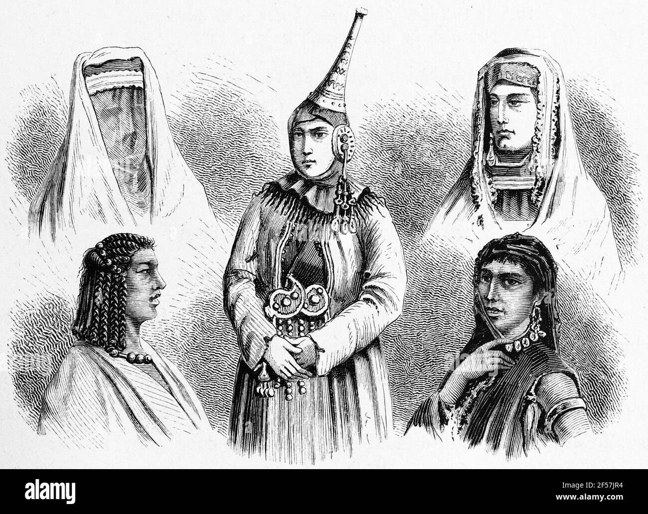 Cinque donne arabe formano Bagdad, Sabah, una donna Druze, Mecca e una ragazza beduina, Arabia, Oriente, incisione del legno, Vienna. Lipsia 1881 Foto Stock