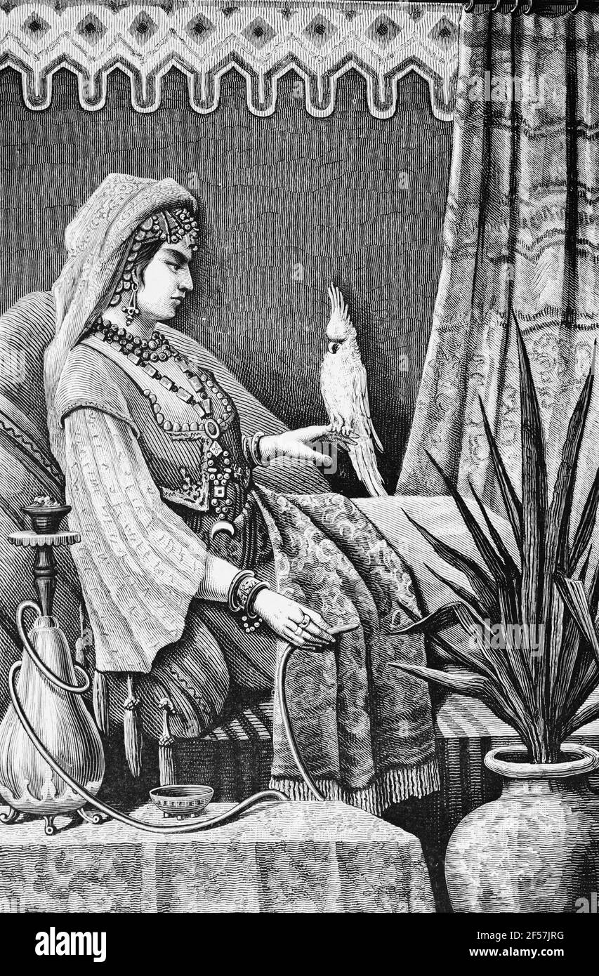 Illustre signora araba di Bagdad con una shisha seduta su una chaise longue, Iraq, Oriente, incisione del legno, Vienna. Lipsia 1881 Foto Stock