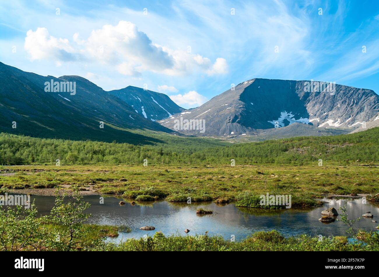 Cime di montagna e tundra nella stagione estiva. Il Massiccio del Khibiny sono le montagne più alte della penisola di Kola, a nord della Russia Foto Stock