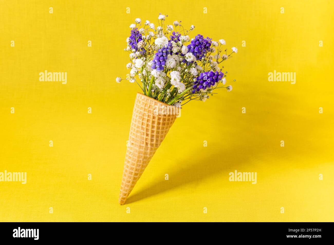 Cono gelato con fiori su sfondo giallo. Vista laterale, spazio copia, concetto di fiori primaverili Foto Stock