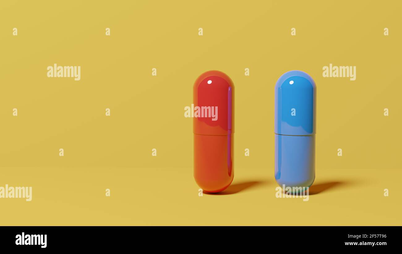 Pillola rossa e pillola blu su sfondo giallo. Concetto di scelta. Rendering 3D Foto Stock