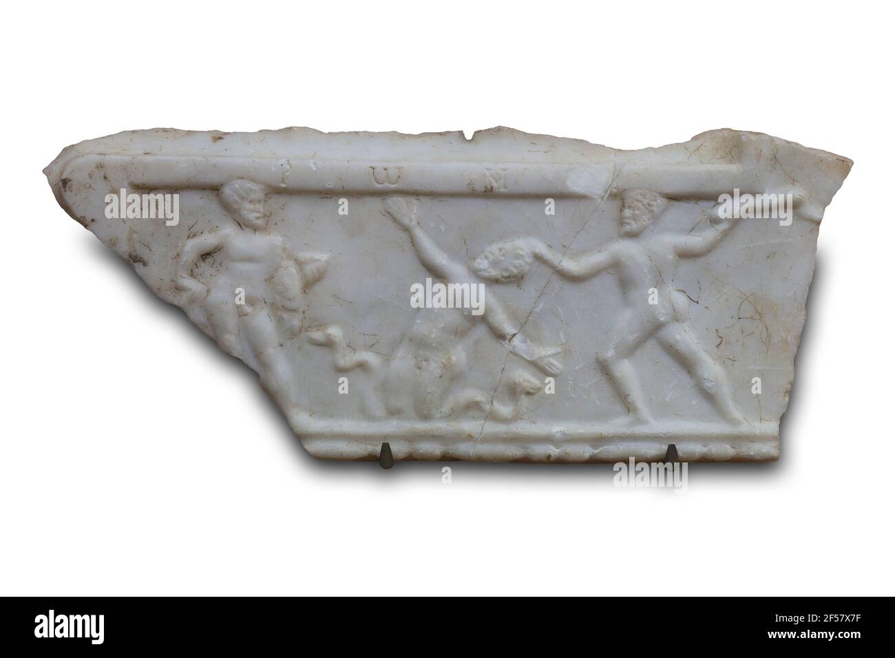Placca decorativa con scena dei Labori di Ercole. Heracles lotta con Achelous. MNAR Merida, Spagna Foto Stock