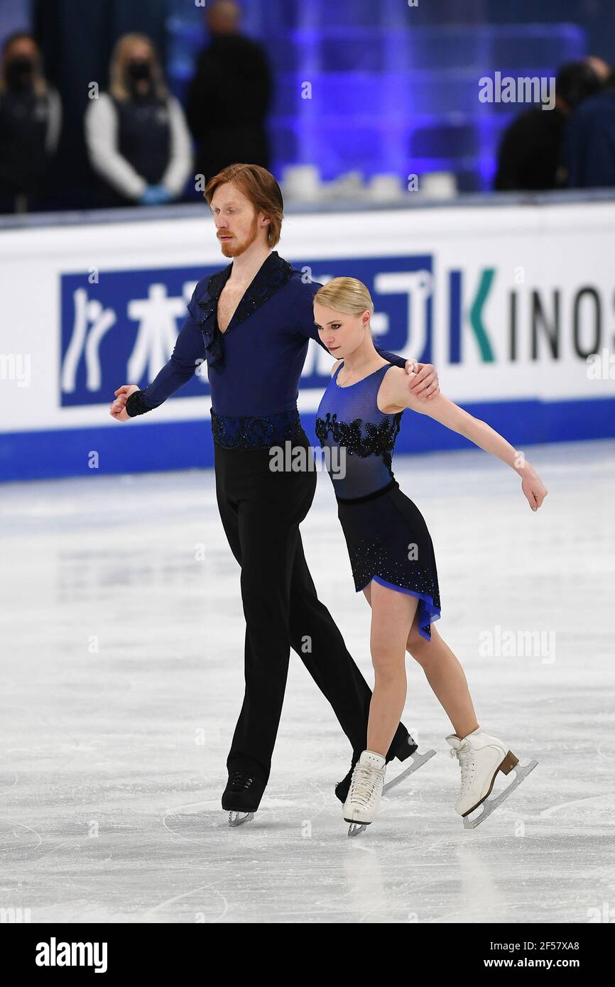 EVGENIA TARADOVA - VLADIMIR MOROZOV FSR, durante il programma di coppia corto ai Campionati Mondiali di Pattinaggio ISU 2021 a Ericsson Globe, il 24 marzo 2021 a Stoccolma, Svezia. Credit: Raniero Corbelletti/AFLO/Alamy Live News Foto Stock