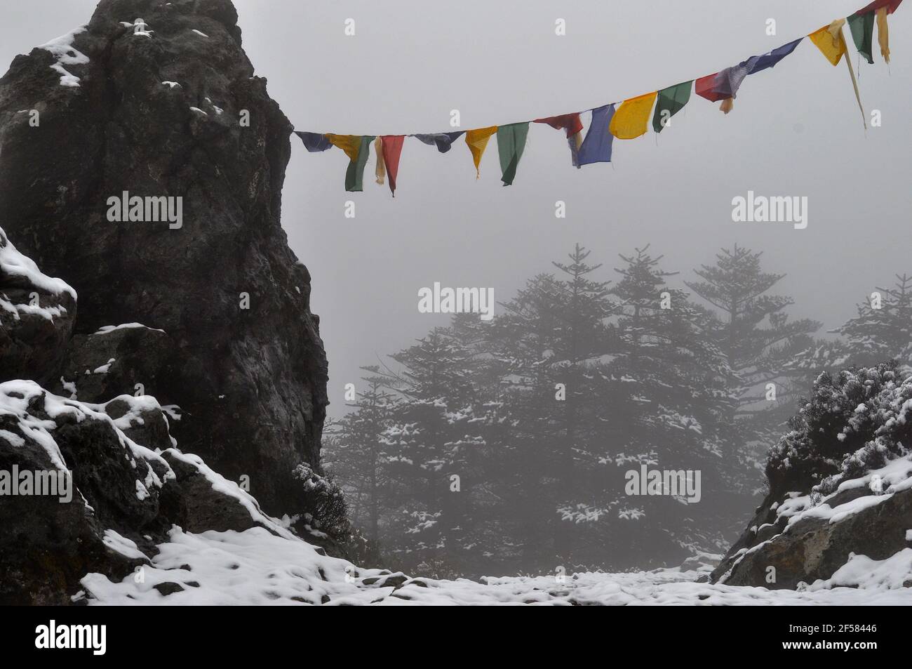 Terra coperta di neve e pietra con bandiere di preghiera budhiste colorate e pino Foto Stock
