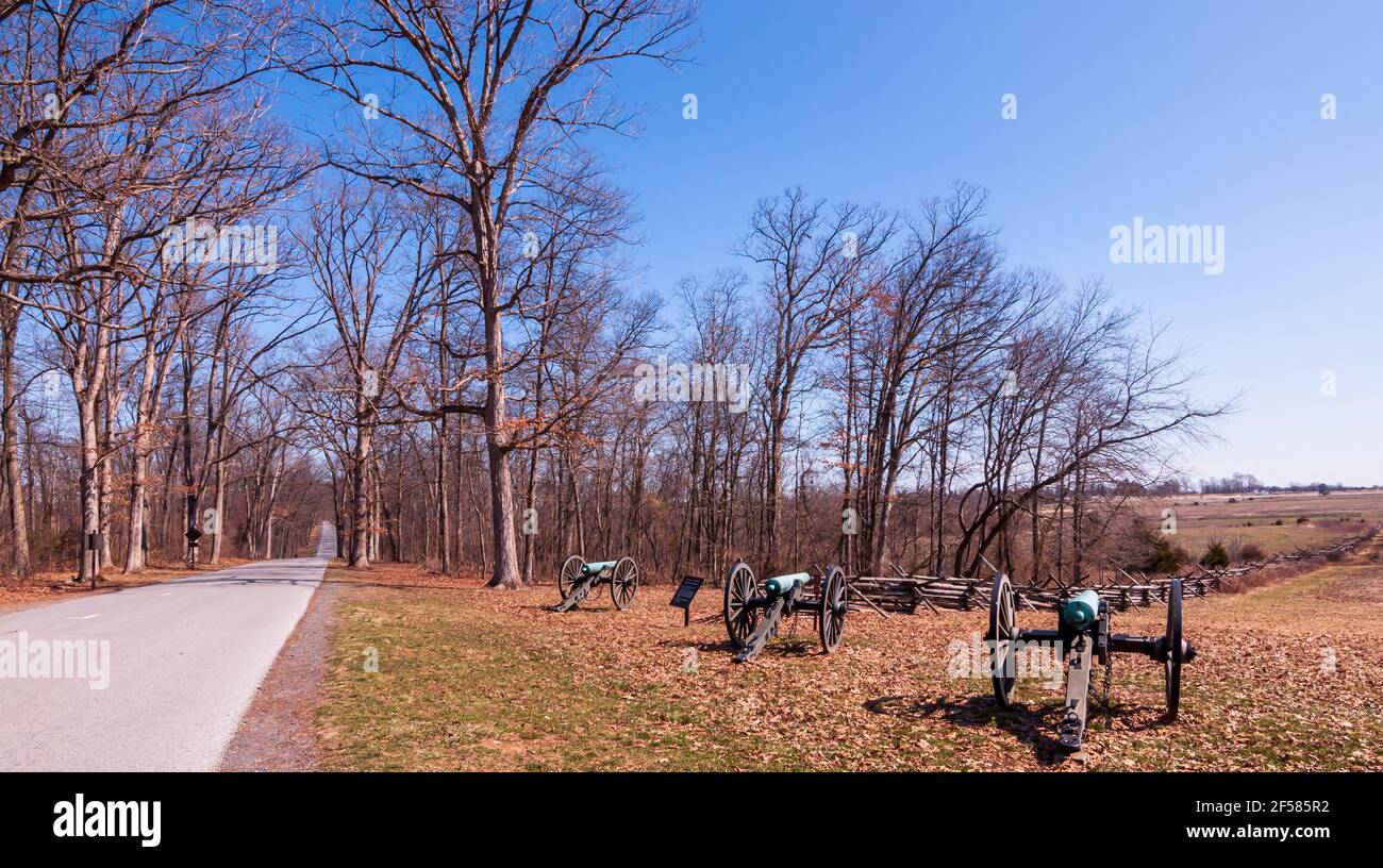 I cannoni confederati si sono schierati su Confederate Avenue al Gettysburg National Military Park, Gettysburg, Pennsylvania, USA Foto Stock