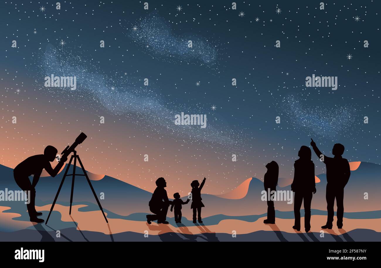 Osservare le stelle del cielo notturno scuro. Un gruppo di persone familiari e amici con uomo donna e bambini con telescopio in silhouette. Guardando Illustrazione Vettoriale
