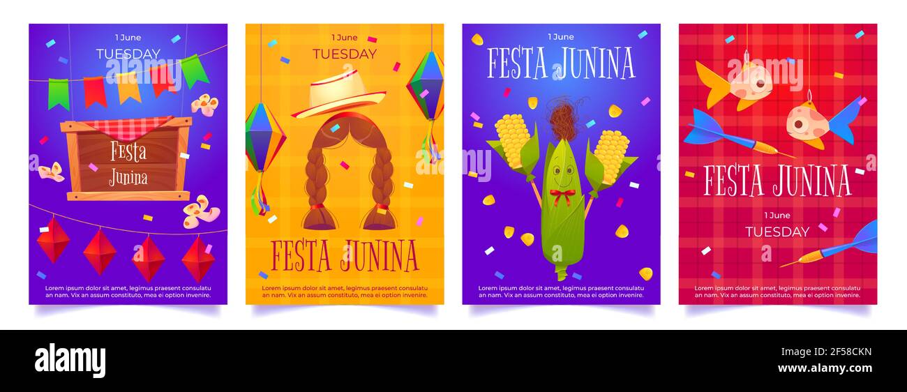 Cartoni animati festa Junina volantini festa invito carte Illustrazione Vettoriale