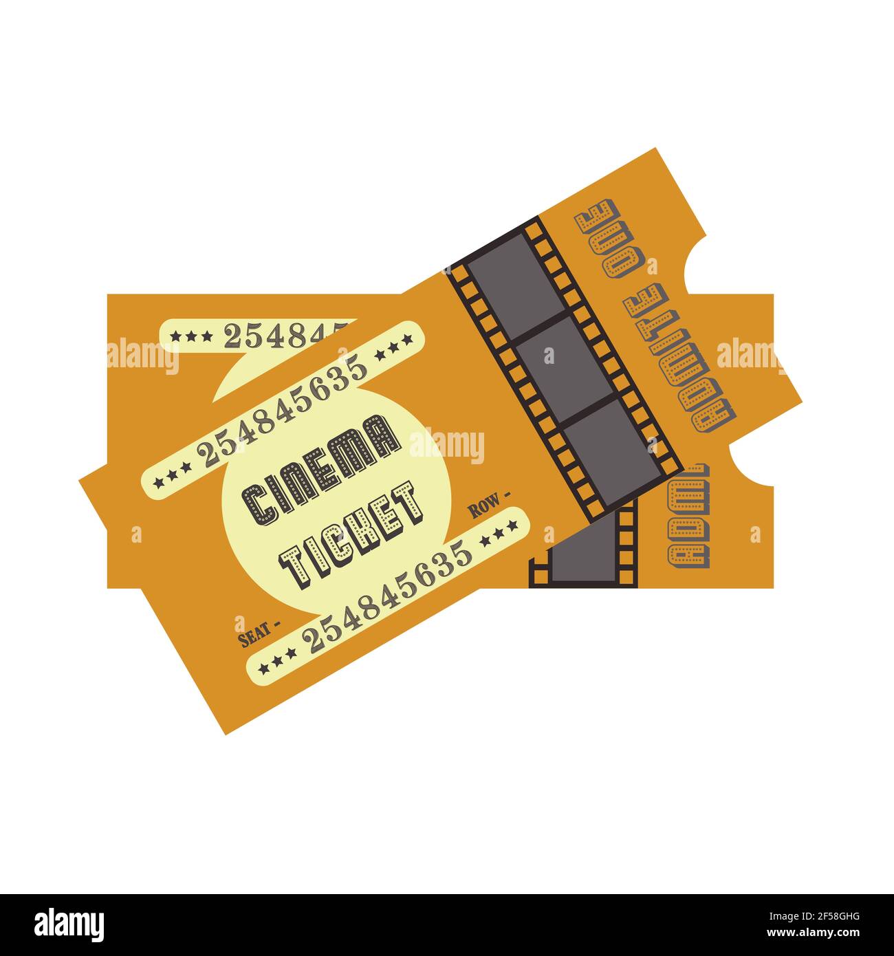 Modello di biglietto per il cinema o il film d'epoca con film su sfondo giallo. Illustrazione di un filmato di design retro del biglietto. Foto Stock