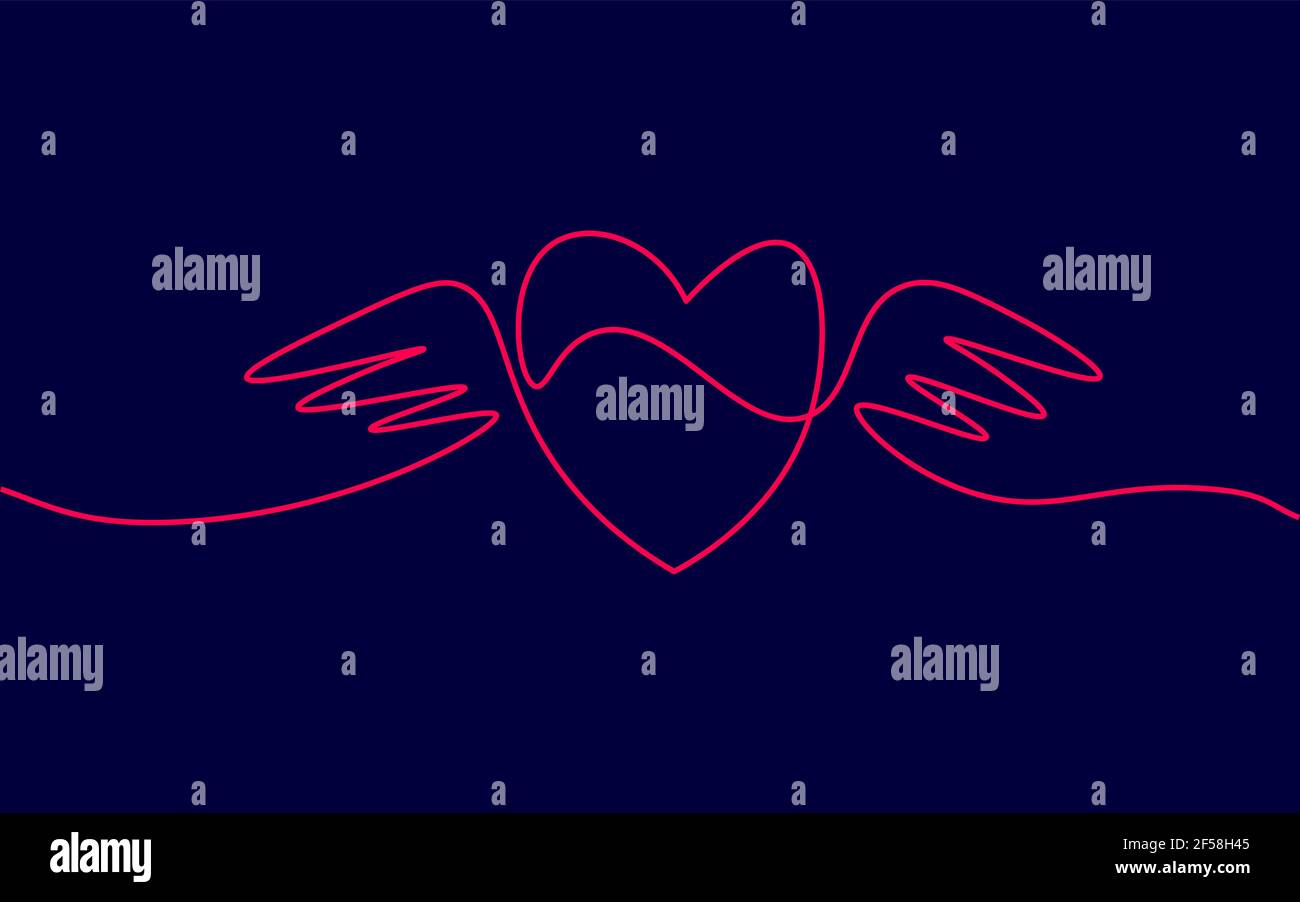 Cuore con le ali linea continua singola art. Romantico amore data relazione coppia silhouette concept design uno schizzo contorno disegno vettore scuro Illustrazione Vettoriale