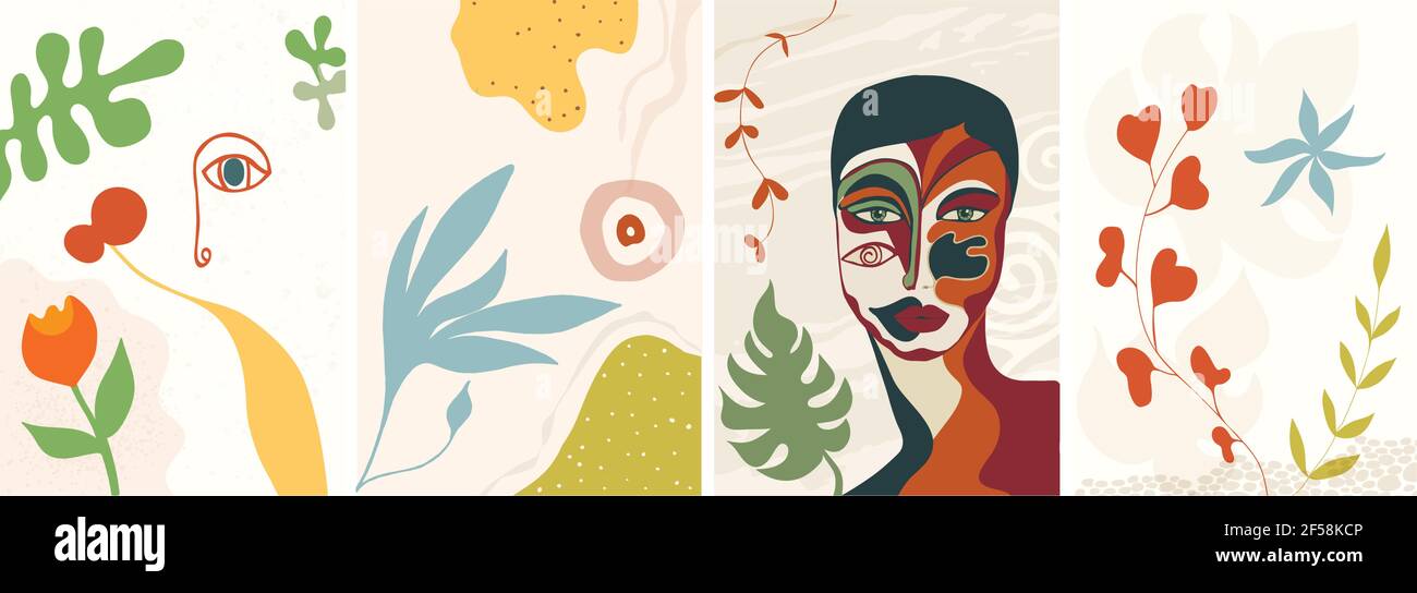 Astratto creativo trendy set design modello banner coprire sfondo con fiori natura e donna con maschera viso. Per storie di social network Illustrazione Vettoriale