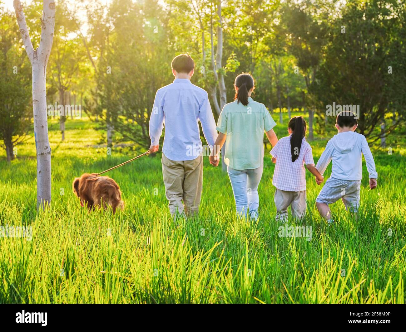 Famiglia felice di quattro persone che camminano con un cane nel parcheggio Foto Stock