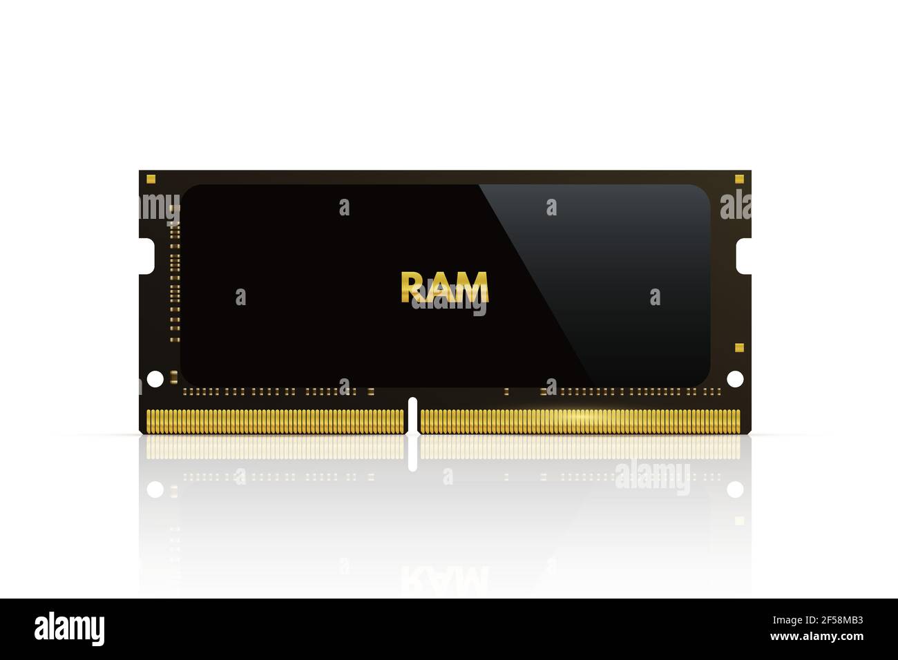 Chip di memoria RAM. Illustrazione vettoriale della parte del processore del computer. Scheda flash elettronica nera per PC con informazioni su sfondo bianco. Hardware interno t Illustrazione Vettoriale