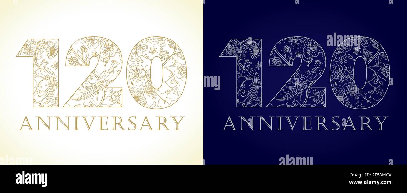 120 anni di lusso festeggiando i numeri. Modello oro, argento colorato felice anniversario decorazione saluti, set di 12 21 1 ° 2 ° 10 ° 20 ° 21 Illustrazione Vettoriale