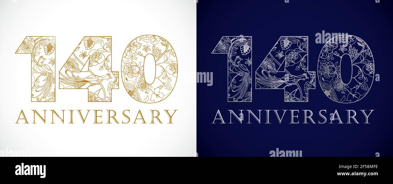 140 anni di lusso festeggiando i numeri. Modello dorato, argento colorato felice anniversario decorazione saluti, set di 1 °, 4 ° posto, uno, quattro, Illustrazione Vettoriale