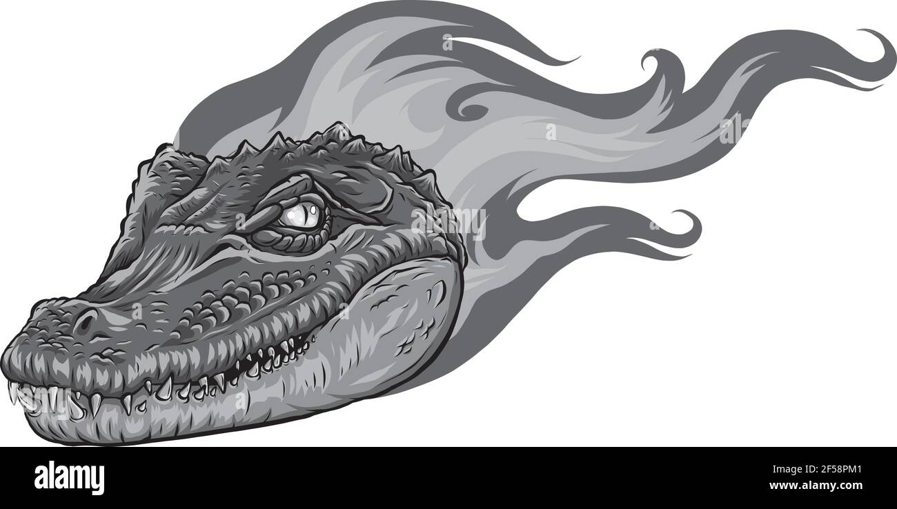 disegno di testa di alligatore feroce con fiamme Illustrazione Vettoriale