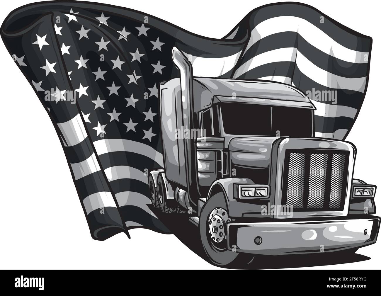 Design del camion americano classico. Illustrazione vettoriale con bandiera americana Illustrazione Vettoriale