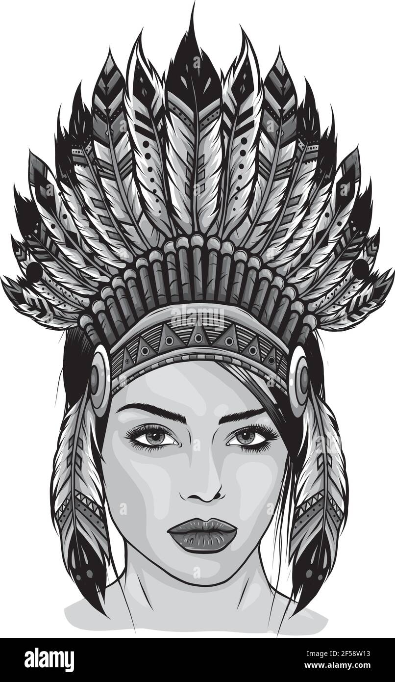 Disegno di bella ragazza in un headdress degli indiani nordamericani. Illustrazione Vettoriale